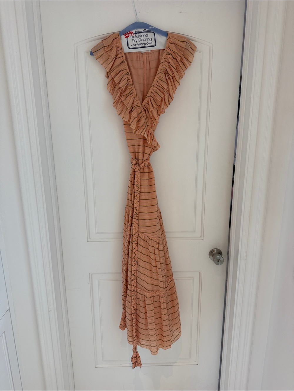 Apiece Apart Peach Stripe Ruffle V-Neck Maxi Dress